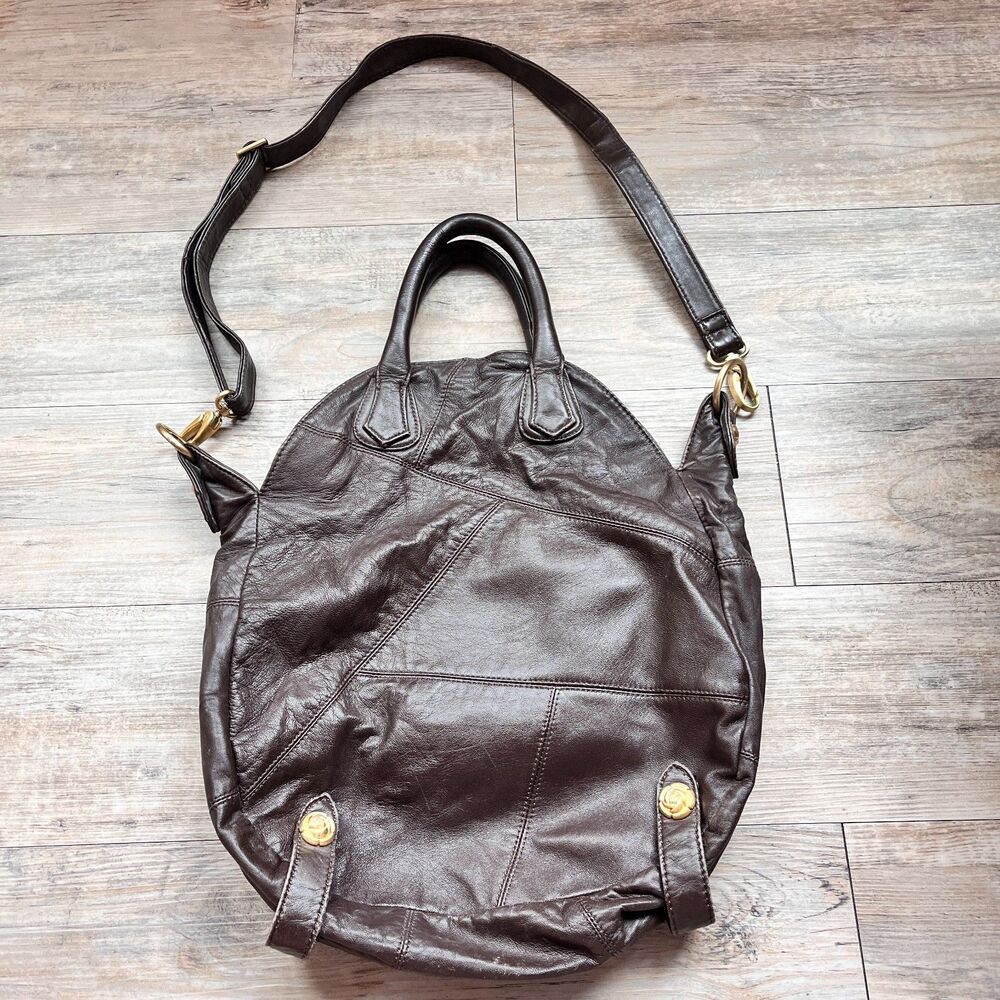 Vintage Rough Roses Brown Leather Handbag Slouchy Boho Shoulder Bag Rustic - Picture 2 of 10